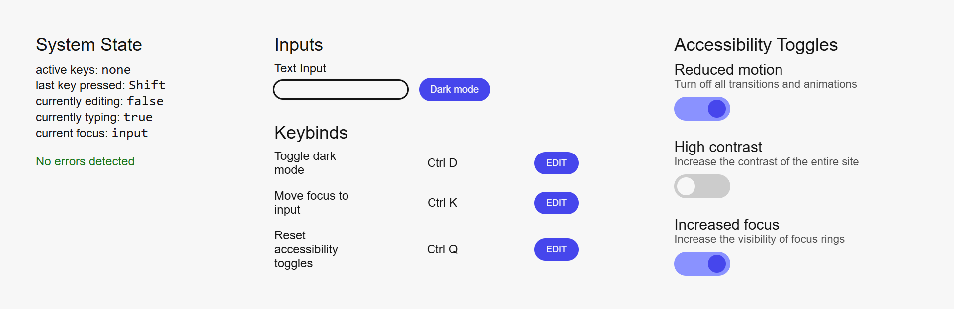 Interface with shortcuts and toggles